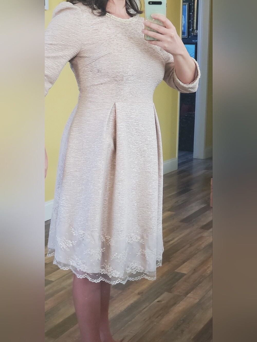 TS Three Seasons Pale Blush Pink Dress w/ Pretty Details @ Neck, Sleeves, & Hem - Picture 2 of 15
